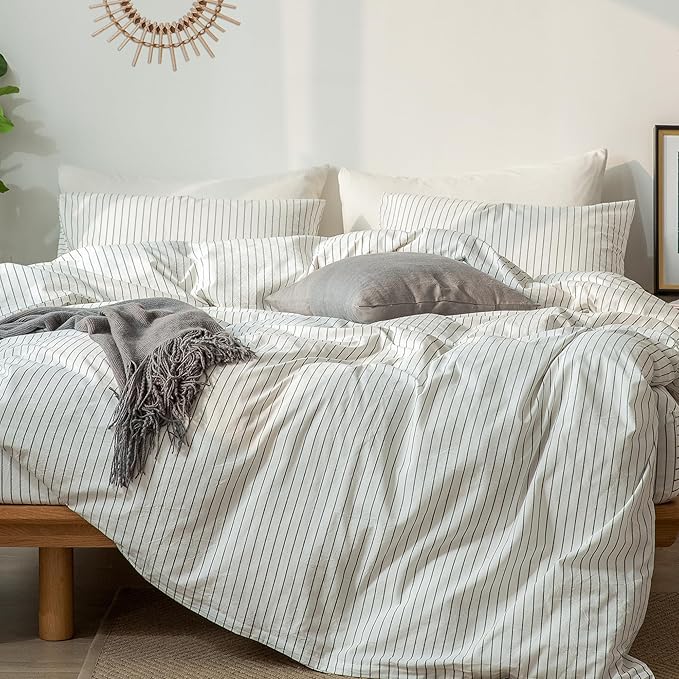 MooMee Striped Duvet Cover Set 100% Washed Cotton Linen Like Textured Breathable Durable Soft Comfy (White Dark Grey Wide Stripes, Queen 90"x90")