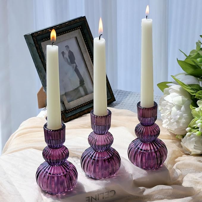 Woho Set of 6 Purple Taper Candle Holders 4.3" H for Halloween Decorations, Vintage Ribbed Glass Candlestick Holders for Wedding Table Centerpiece, Candle Sticks Holder Decor for Holiday Home Decor