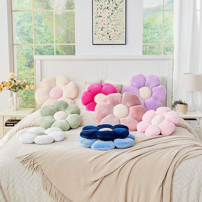 Pink Flower Pillow, 14.9" Cute Flower Shaped Floor Pillow, Aesthetic Floral Plush Daisy Decorative Throw Pillows for Bed Sofa Couch