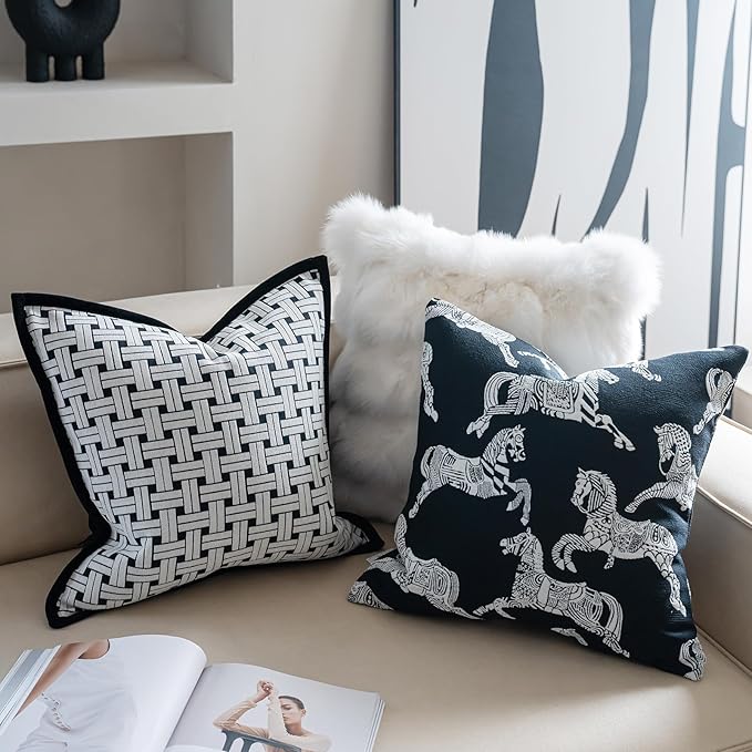 Premium Throw Pillow Covers 22x22 Inches - Black Interlaced Weave Grid Framed Chenille Jacquard Embroidery Decorative Couch Pillow Covers for Living Room Bedroom Sofa