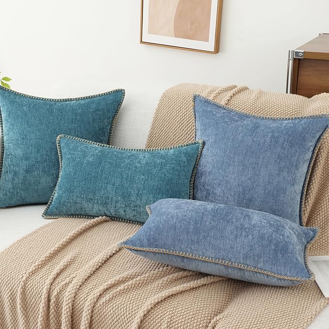 decorUhome Chenille Soft Throw Pillow Covers 26x26 Set of 2, Farmhouse Velvet Neutral Decorative Euro Pillow Covers with Stitched Edge for Couch Sofa Bed Home Decor, Teal