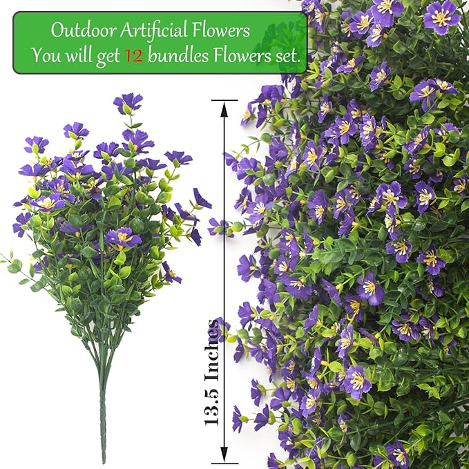 Outdoor Artificial Flowers UV Resistant & Fade Proof, 12 Pack Realistic Fake Flowers for Garden, Patio, Lawn Decor - Weatherproof Plastic Plants (Purple)