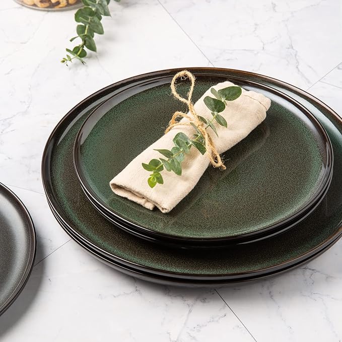 LERATIO Ceramic Plates Set of 6, 8.5 Inch Reactive Glaze Light Weight Porcelain Salad Plates,Modern Shape Dinnerware Dishes Set for Kitchen,Microwave&Dishwasher&Oven Safe,Resistant-Green