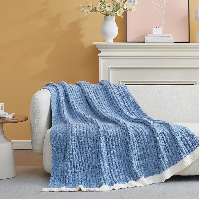 Snuggle Sac Ribbed Blue Throw Blanket for Couch, Microfiber Knit Stripe Throws, Soft Fuzzy Blankets for Couch, Sofa, Travel, Blue, 50x60 inches