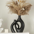 Snuggle Hollow Modern Ceramic Vase Set of 2, Mid Century Nordic Aesthetic Decorative Vase Decorative Vases for Home Table Decor (Matte Black W 6.8" X H 11")