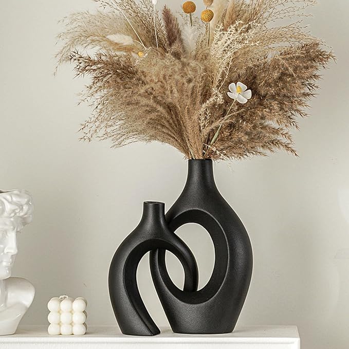 Snuggle Hollow Modern Ceramic Vase Set of 2, Mid Century Nordic Aesthetic Decorative Vase Decorative Vases for Home Table Decor (Matte Black W 6.8" X H 11")