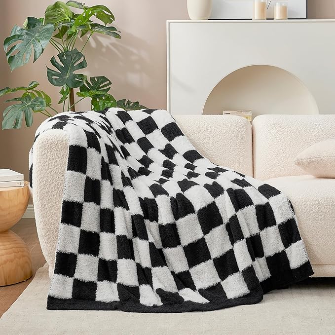 Snuggle Sac Faux Fur Throw Blanket for Couch,Black Checker Blanket, Cozy Soft Warm Blankets for Sofa, Bedroom, Living Room, Black Checker,50x60 inches