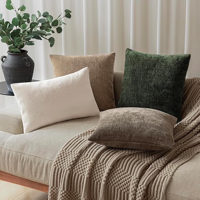 Foindtower Pack of 2 Soft Textured Chenille Throw Decorative Pillow Covers Square Accent Solid Cushion Cover Neutral Farmhouse Pillow Case for Couch Sofa Bedroom Living Room 18x18 Inch,Dark Green