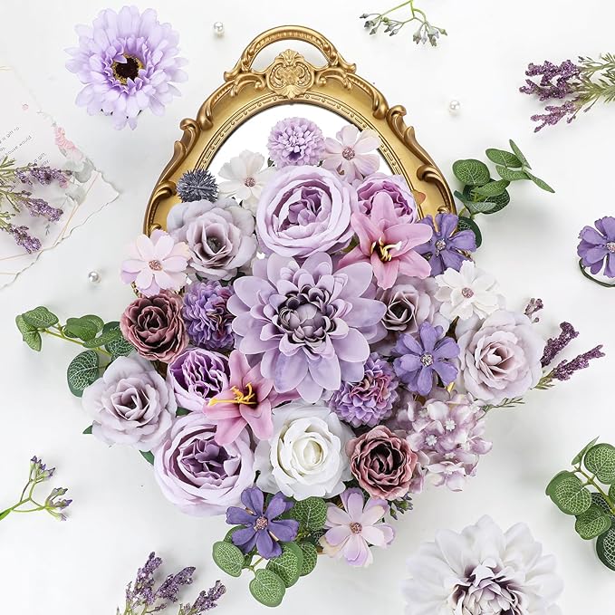 AmyHomie Lavender Artificial Flowers Combo Silk Mix Peony Rose Fake Flowers w/Stem for DIY Wedding Bouquets Centerpieces Arrangements Table Fall Decor Party Bridal Baby Shower Home Decorations