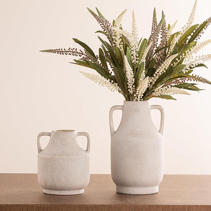 Mitt&Ditt Ceramic Flower Vase with Handles, 8 inch Tall Off-White Vase, Decorative Terracotta Vases, Farmhouse Rustic Pottery Vases for Home Decor, Living Room, Table