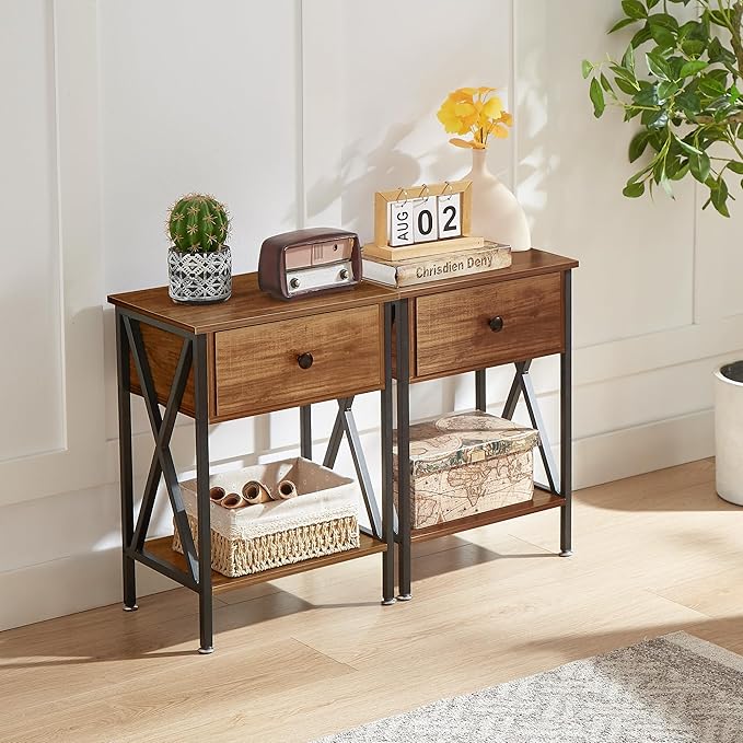 VECELO Nightstands Set of 2, Modern Bedside End Tables, Night Stands with Drawer and Storage Shelf for Living Room Bedroom, Industrial Metal Frame
