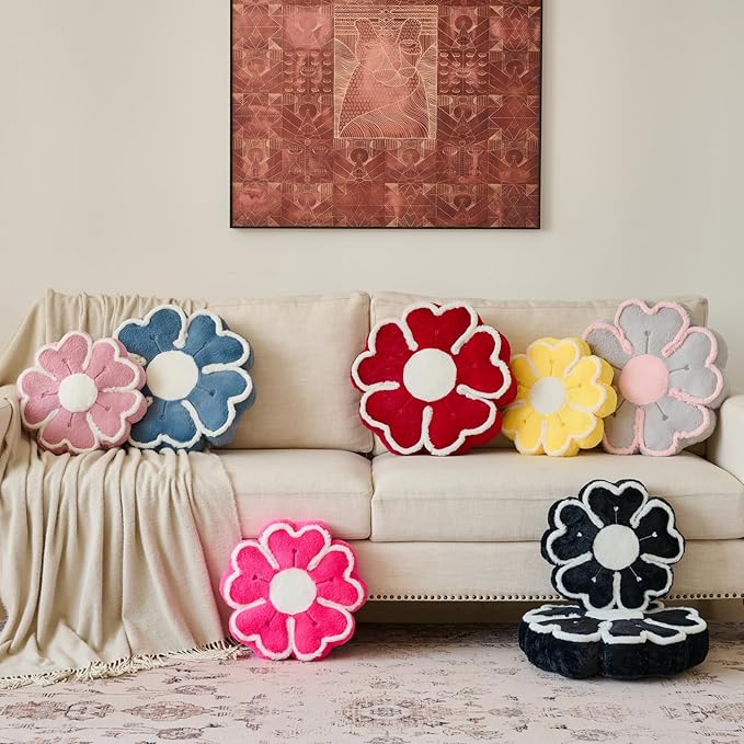 Flower Shaped Decorative Throw Pillow Cushion for Bed Couch, Cute Flower Plush Throw Pillows Home Decor Floor Pillow Seating Cushions (Grey Blue, 17.7 Inches)