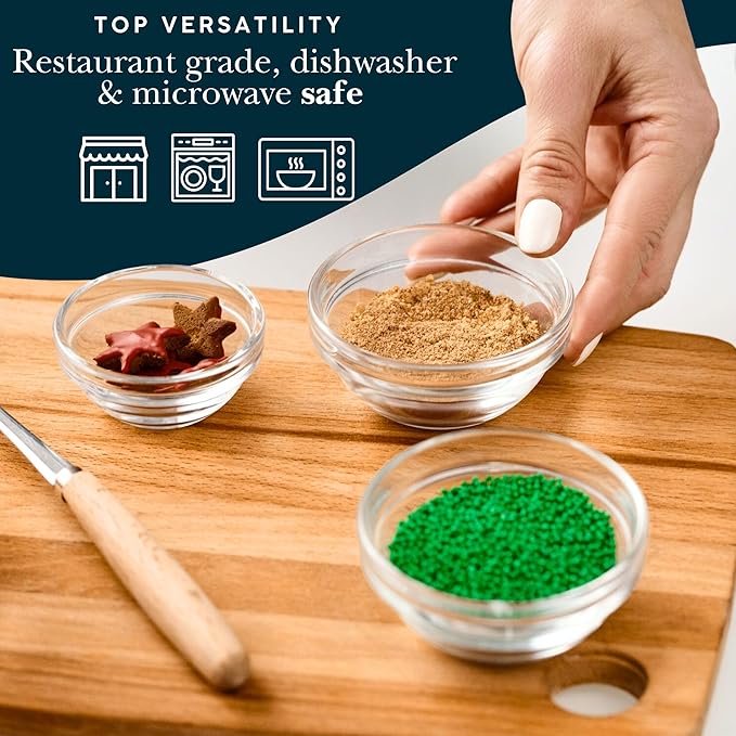 Small Glass Cooking Bowls, 4-ounce, Microwave and Dishwasher Safe - Stackable Glass Mise en Place Ramekins Set of 6