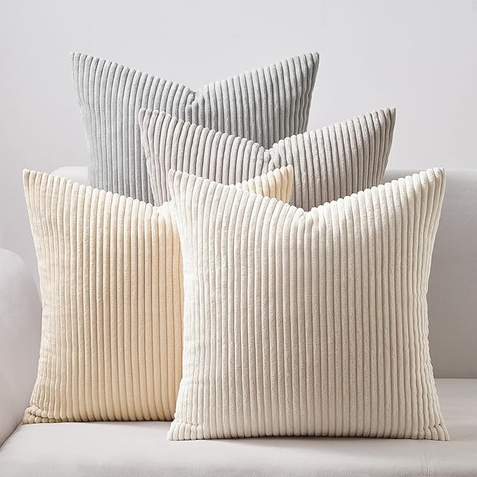 Topfinel 4 Packs Neutral Decorative Throw Pillows Covers 22x22 Inch for Living Room Couch Bed Sofa, Rustic Farmhouse Boho Neutral Home Decor, Soft Plush Striped Corduroy Square Cushion Case 55x55 cm