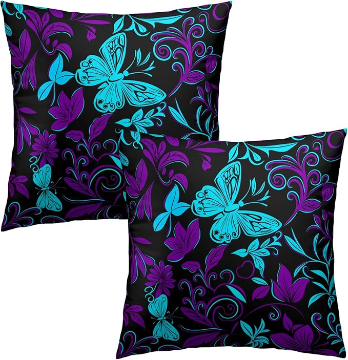 Teal Purple Butterfly Pillow Covers - Butterflies Throw Pillow Covers Floral Pillowcases Flowers Cushion Cover for Sofa Bedroom Patio 22x22 Inch