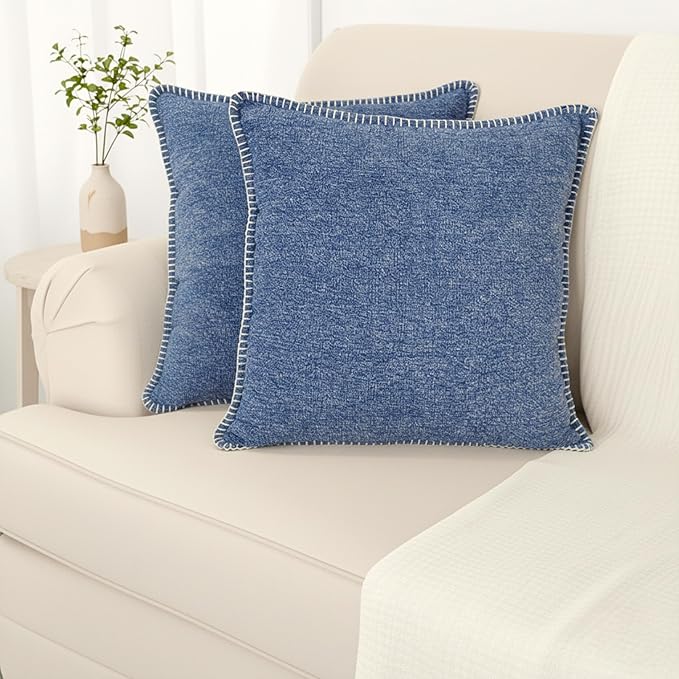 18x18 Pillow Covers Navy Blue Set of 2 Decorative Pillow Covers Square Textured Soft Cozy Chenille Cushion Covers with Blanket Stitch Hemmed Trim Decorative Edge for Living Room Sofa Bed