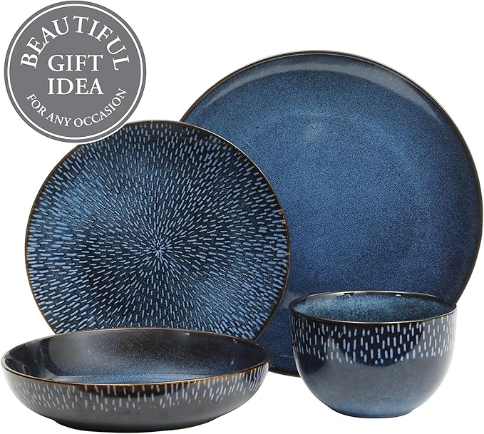 Gibson Elite Matisse 16 Piece Double Bowl Dinnerware Set, Cobalt Blue, Service for 4 (16pcs)