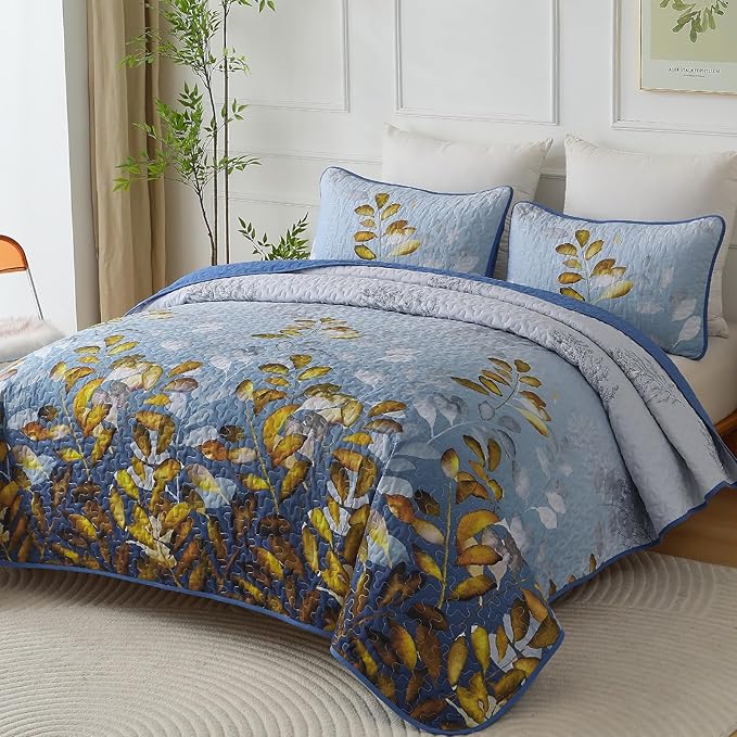 WONGS BEDDING 3 Pieces Quilt Set Queen Size, Blue-Gold Floral Bedspread Coverlet Set, Soft Microfiber Lightweight Floral Bedding Set King 104"×90"