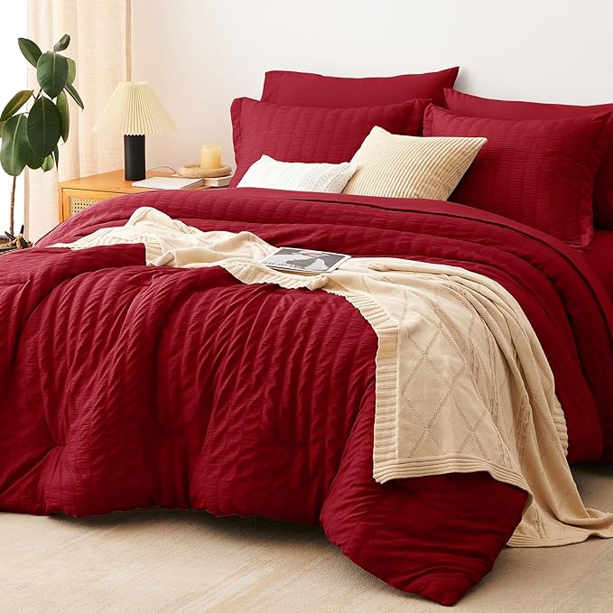 CozyLux Queen Comforter Set Dark Red Seersucker 7 Pieces Bed in a Bag Queen Comforter Set with Sheets, Luxury Soft Bedding Set with Down Alternative Comforter, Sheets, Pillowcases & Shams All Seasons