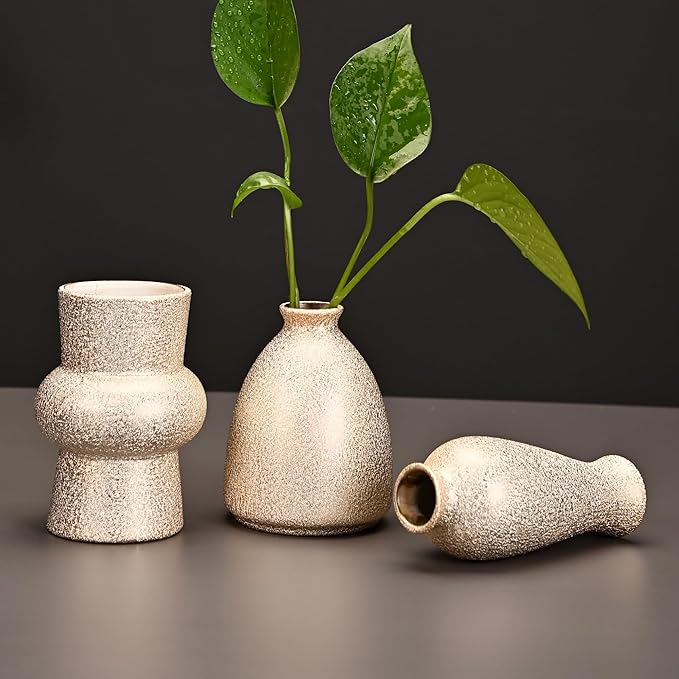 Set of 9 Ceramic Bud Vases for Pampas Grass Flowers, Small Vases in Bulk for Centerpieces Boho Vases for Wedding Decorations Neutral Living Room and Bedroom Decor DIY Gift (Gold)