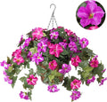 Artificial Hanging Fake Flowers with Basket Plants for Outdoor Decoration, Faux Silk Flower UV Resistant Morning Glory for Home Porch Patio Garden Balcony Yard Look Real (Red Lotus)