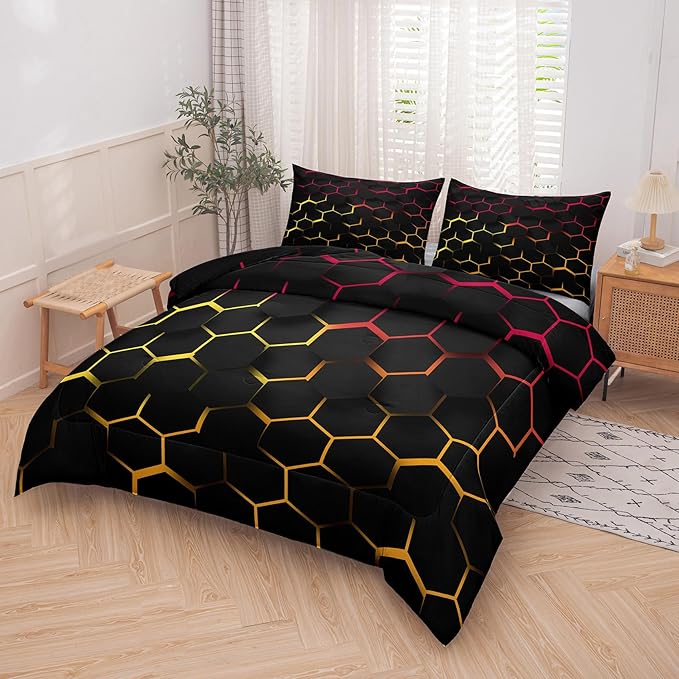 Tailor Shop Honeycomb Comforter Set King Size Geometric Hexagon Bedding Set for Kids Boys Teens Room Decor Yellow Red Black Neon Lights Comforter with 2 Pillowcases…