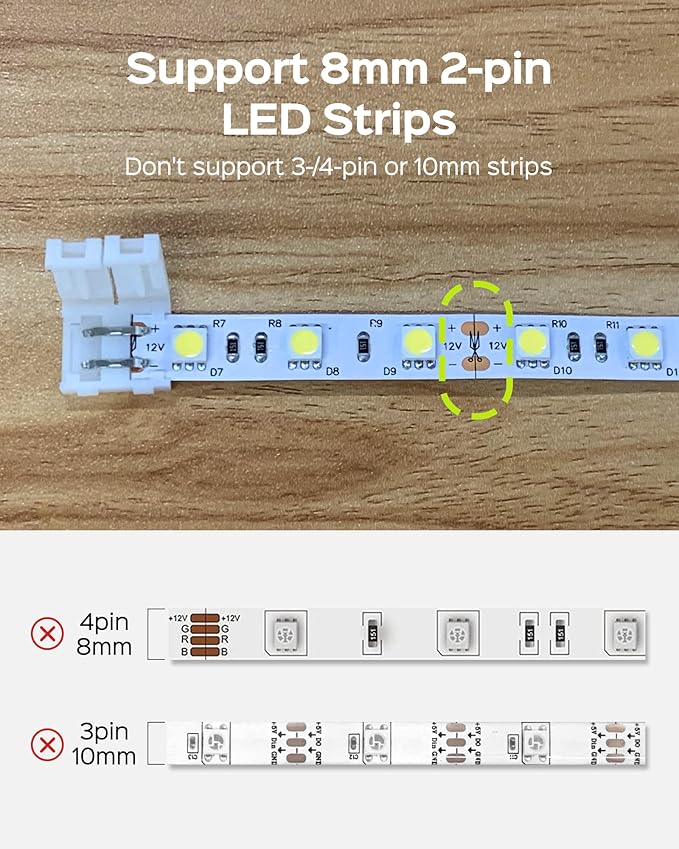 JACKYLED 8mm 2 Pin LED Strip Connectors Lights Connector, L Shape Gapless Solderless Connectors LED Adapter Light Extension Connectors for 8mm Wide Single Color Flex LED Strips - 8mm 2pin Total 22Pcs
