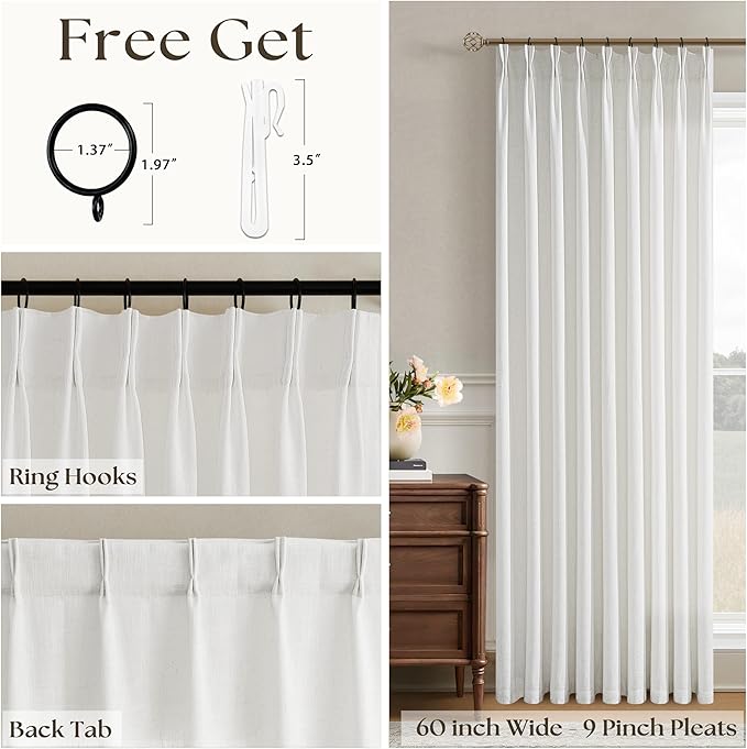 60 Inch Width Curtains 90 Inches Long Linen Curtains Pinch Pleated 90 Inch Length for Living Room Bedroom White Semi Sheer Back Tab Hooks Rings Pinch Pleat for Patio Glass Door 1 Panel Beige White