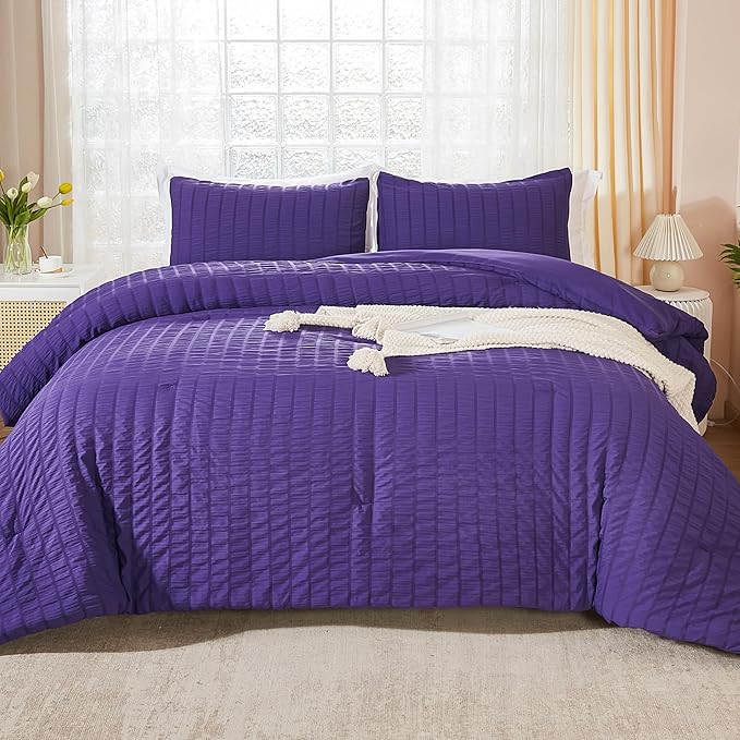 AveLom Dark Purple Seersucker California King Comforter Set (104x96 inches), 3 Pieces-100% Soft Washed Microfiber Lightweight Comforter with 2 Pillowcases, All Season Down Alternative Bedding Set