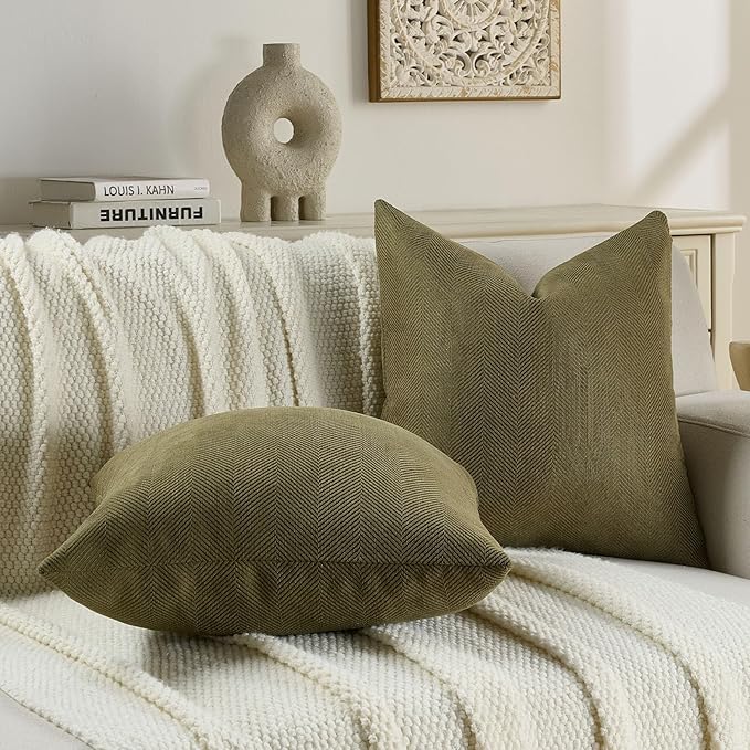 FUTEI Olive Green Chenille Throw Pillow Covers 18x18 Inch Set of 2,Soft Wide Chevron Textured Cushion Case,Farmhouse Home Decor for Couch Living Room