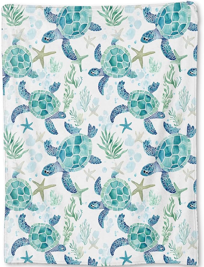 Sea Turtle Blanket - Cute Blue and Green Hues Fleece Throw,Gifts for Kids Girls Boys, Soft & Warm,Lightweight, for Modern Ocean Beach Decor, Marine Life Lovers, and Room Home Accents 60x80in
