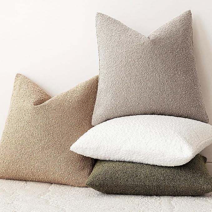 Foindtower Decorative Textured Boucle Throw Pillow Covers Accent Solid Pillow Cases Neutral Soft Cozy Couch Cushion Case for Chair Sofa Bedroom Living Room Home Decor 24x24 Inch,1PC,Light Taupe