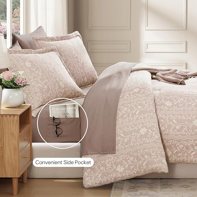Full Comforter Set -7 Pieces Botanical Almond Pink Comforter Set for All Seasons, Bed in a Bag Full with Flowers Floral Comforter, Sheets, Pillowcases & Shams