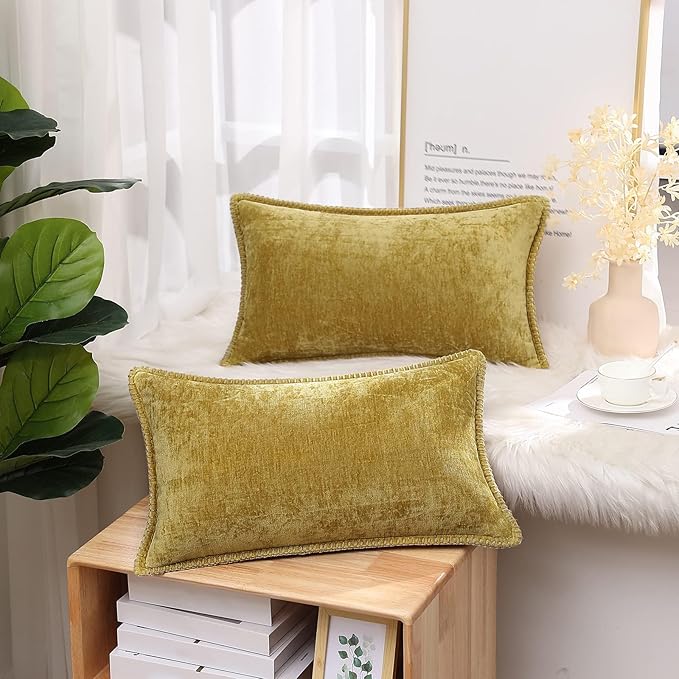 decorUhome Chenille Soft Throw Pillow Covers 12x20 Set of 2, Lumbar Velvet Farmhouse Neutral Decorative Euro Pillow Covers with Stitched Edge for Couch Sofa Bed Home Decor, Mineral Yellow