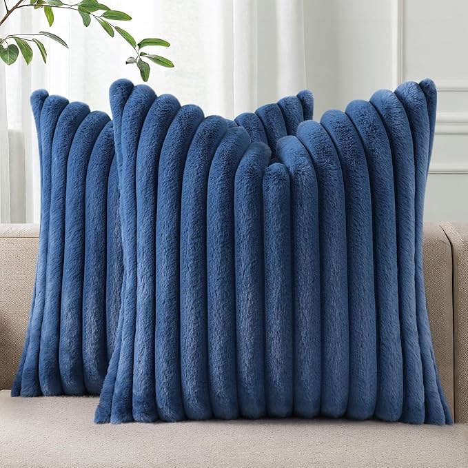 Pallene Faux Fur Plush Throw Pillow Covers 24x24 Set of 2, Luxury Soft Fluffy Striped Decorative Pillow Covers for Sofa, Couch, Living Room, Navy Blue