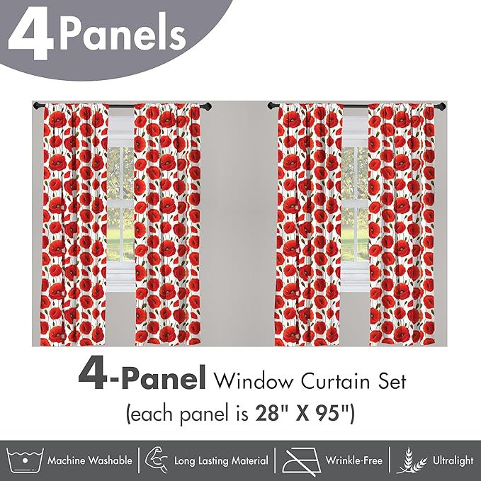 Ambesonne Poppy Flower Window Curtains Pack of 2, Springs Ladybugs Animals and Plants Flora Fauna Nature, Lightweight Set with Rod Pocket, 4 Panels of - 28" x 95", Burnt Orange Olive Green