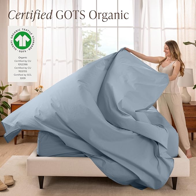 Bare Home 100% Organic Cotton Queen Sheet Set - Crisp Percale Weave - Lightweight & Breathable - Bedding Sheets & Pillowcases (Queen, Dusty Blue)