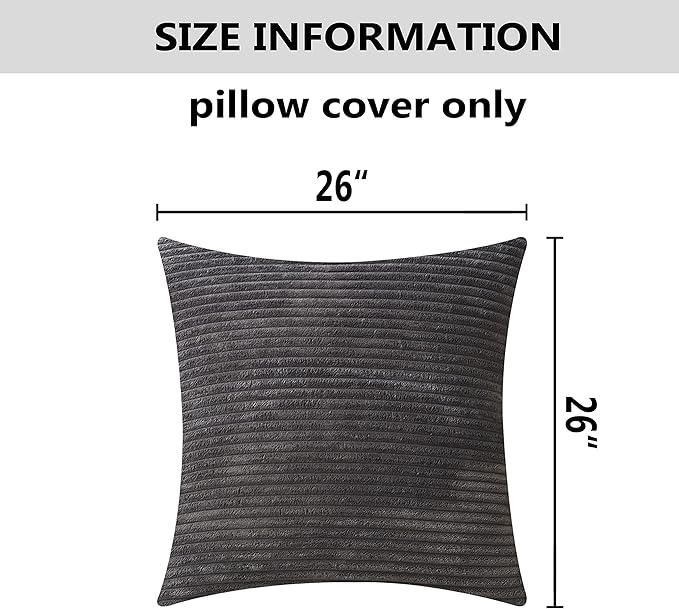 Home Brilliant Pillow Cover 26 x 26 Soft Striped Corduroy Decorative Euro Throw Pillow Sham for Couch, 66x66 cm, Dark Grey