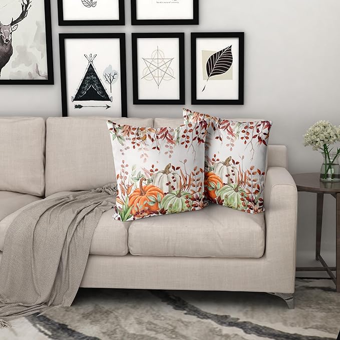 Giwawa Fall Pillow Covers Set of 2 20x20 Inch Orange Green Pumpkins Autumn Leaves Thanksgiving Cushion Covers Farmhouse Decorative Double Sided Throw Pillowcases for Indoor Outdoor Holiday