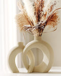 Embrace Donut Vase for Decor, Set of 2 - Modern Design, Boho Style, Beige Natural Ceramic, Decorative Vases for Flower - Home Decor Aesthetic — 7.2" X 8.9" H (Matte Cream White)
