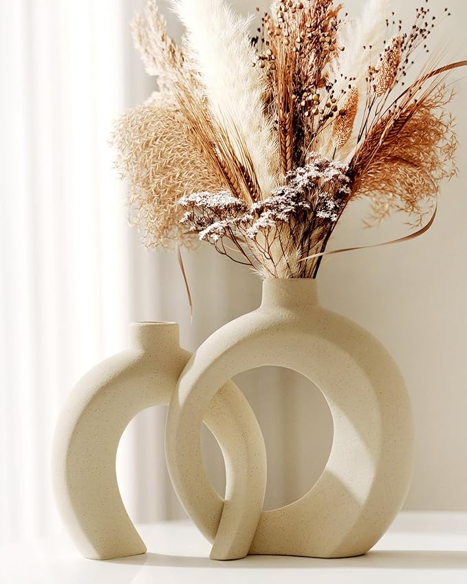 Embrace Donut Vase for Decor, Set of 2 - Modern Design, Boho Style, Beige Natural Ceramic, Decorative Vases for Flower - Home Decor Aesthetic — 7.2" X 8.9" H (Matte Cream White)