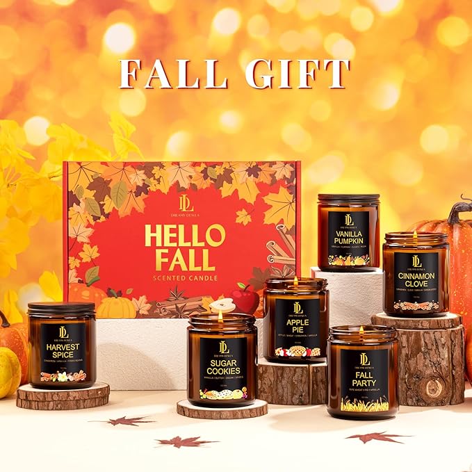 Fall Candle Set, Fall Scented Candles for Home, 6 Pack Soy Candle Set, Autumn Gifts for Women Men, Autumn Scents of Vanilla Pumpkin/Cinnamon Clove/Apple Pie/Harvest Spice/Sugar Cookies/Fall Party