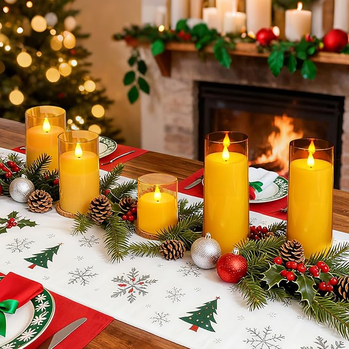 Homemory Realistic Flickering Flameless Candles, Battery Operated Candles with Remote Control and Timer, LED Fake Electric Candle for Home, Christmas Decoration, Gold, Set of 5