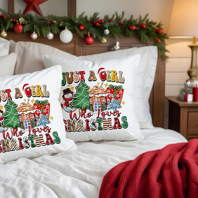 Just a Girl Who Loves Christmas Pillow Covers 18x18, Trendy Xmas Pillow Covers for Couch, Christmas Decorations for Living Room, Bedroom Home