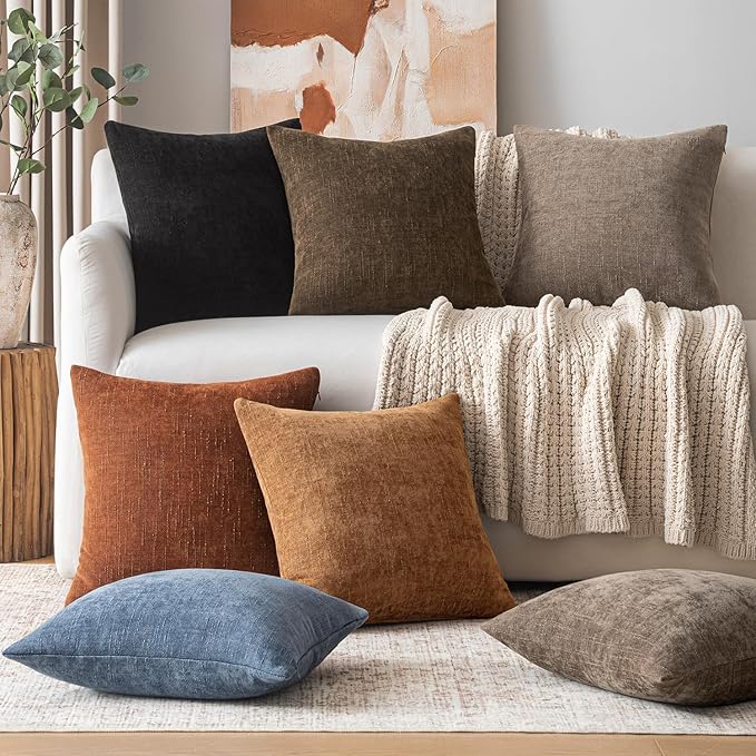Woaboy Set of 2 Textured Throw Pillow Covers Decorative Soft Accent Chenille Fall Pillowcases Neutral Farmhouse Cushions Modern Home Decor for Couch Sofa Bedroom Living Room 22x22 Inch,Brown Rust