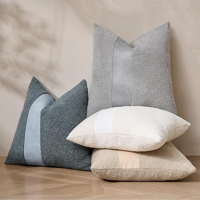 Pack of 2 Faux Leather Boucle Throw Pillow Covers 18"x18" Blue Chic Accents Textured Square Decorative Pillow Cases for Living Room Couch Bed Farmhouse Boho Home Decor