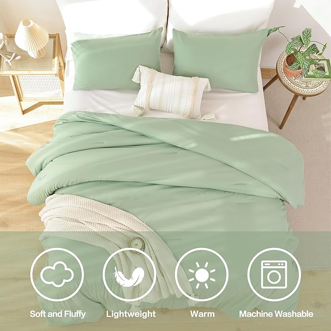 ROSGONIA Queen Comforter Set Sage Green, 3pcs Bedding Sets Queen (1 Boho Sage Comforter& 2 Pillowcases), All Season Lightweight Blanket Quilt
