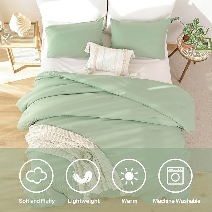 ROSGONIA Full Size Comforter Sets for Girls Boys Teens Sage Green, 3pcs(1 Comforter & 2 Pillowcases), Soft Kids Comforter Sets All Season Dorm Bedding