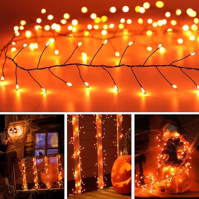 Halloween Fairy Lights Plug in, 10Feet 200 LEDs Firecracker String Lights with Remote, Cluster String Lights for Ceiling Bedroom Wreath Garland Window Bar Haunted Theme Halloween Decoration, Orange
