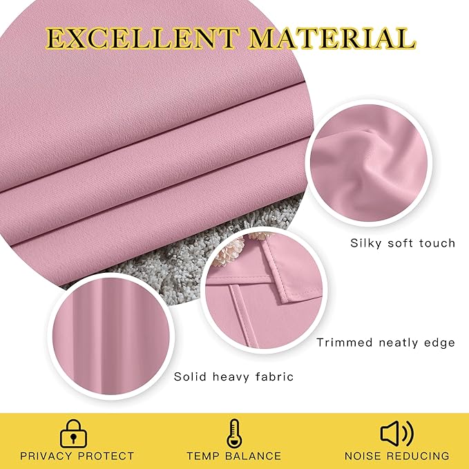 NICETOWN Blackout Kitchen Curtains for 50 inches Long - Grommet Thermal Insulated Window Treatments Light Blocking Drapes for Bedroom/Girl Room, Crystal Pink, W34 x L50, 2 Panels